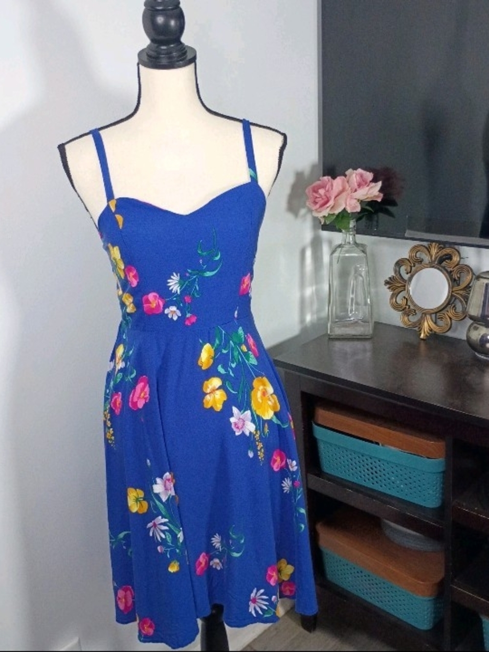 Old Navy Blue Fit And Flare Floral Cami Spaghetti Strap Sundress